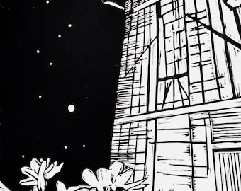 Impression linogravure Orléans France - Scène de nuit d'une maison médiévale, art mural architecture noir et blanc