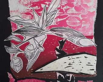 Impression originale collage art « rose », monotype et linogravure textile techniques mixtes, art mural bord de mer fait main