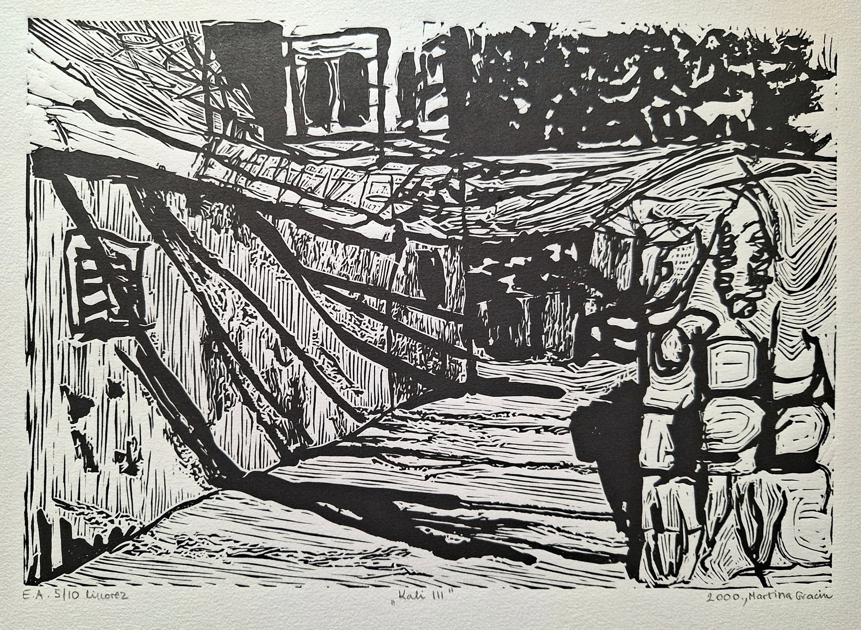 KALI III linocut. Night village by the sea, dark street and fishing nets on an island in Croatia. Original, hand-made printmaking art.