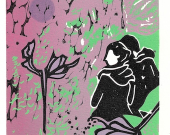 Impression linogravure Love Again : jardin au clair de lune, fleur pourpre (16 x 16 cm)