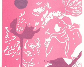 Pink Moonlit Garden Linocut Print: Couple Gazing at Purple Flower