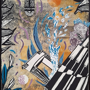 May include: Abstract art print featuring a collage of black and white shapes, blue and white patterns, and a white frame with black details. The background is a mix of yellow, orange, and purple.