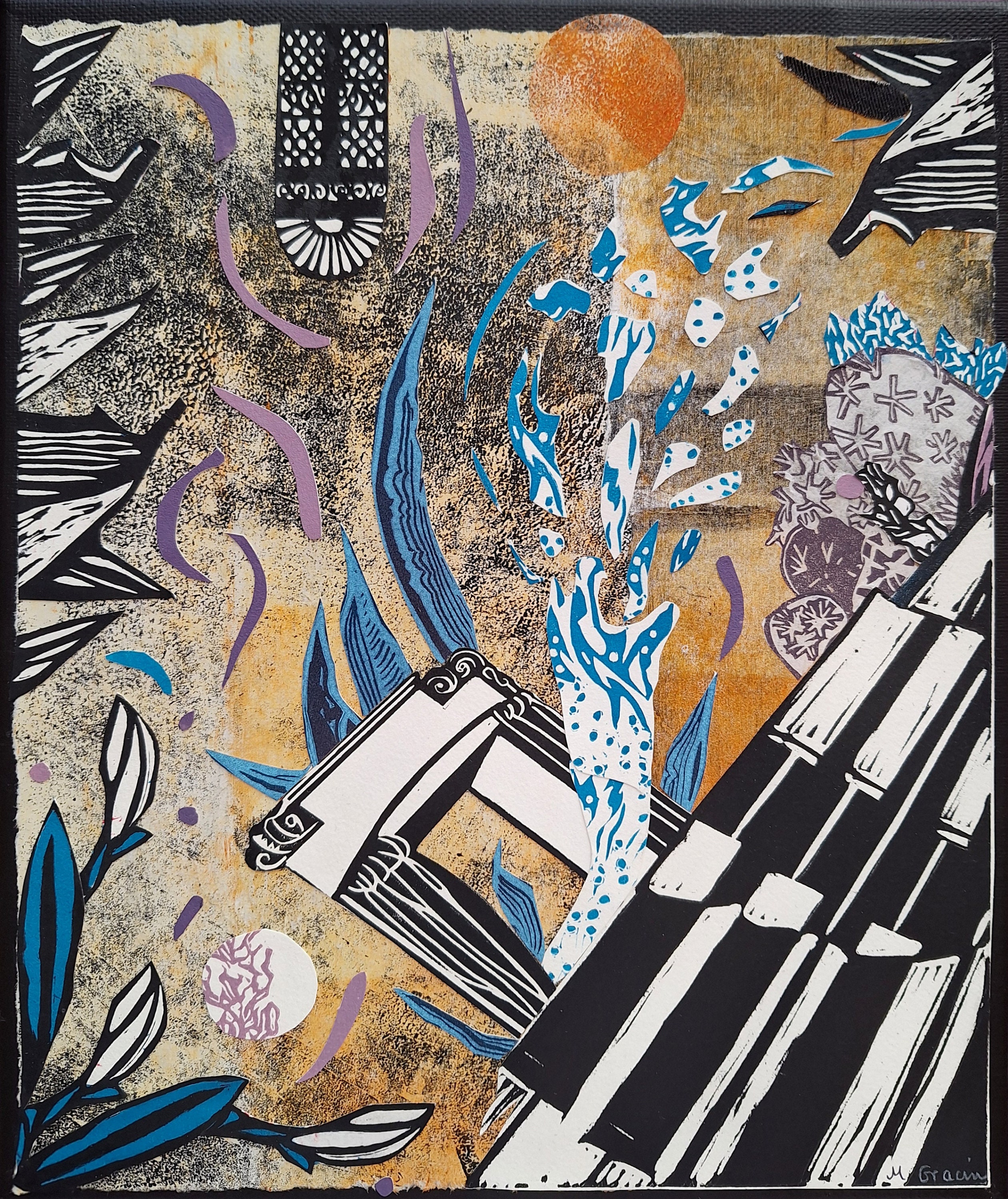 Morning Song Print Collage: Agave, Piano, Succulents on Black Canvas