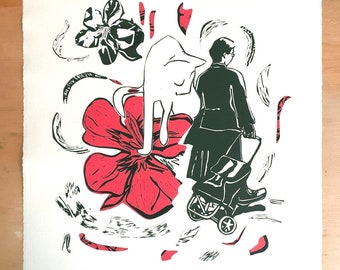 Collage d'impressions pour la Journée de la femme : lauriers roses, chat et femme. Art rose et noir.