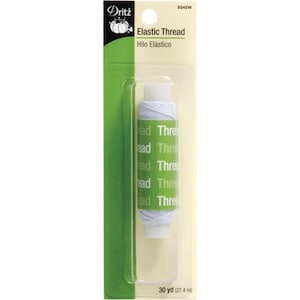 May include: A white spool of elastic thread on a green and white packaging card. The card says "Dritz Elastic Thread" and "Hilo Elástico". The spool is 30 yards (27.4 meters) long.