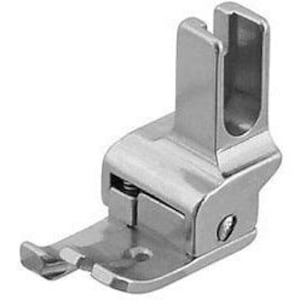 May include: Silver sewing machine foot with a curved needle plate and a raised guide for precise stitching.