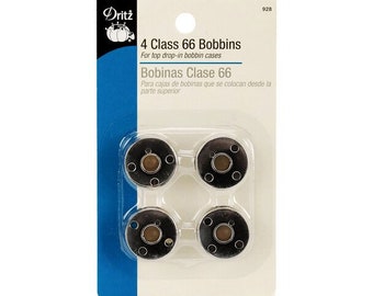 May include: Package of four silver Class 66 bobbins for top drop-in bobbin cases. The package is blue and white with the text "Dritz 4 Class 66 Bobbins For top drop-in bobbin cases Bobinas Clase 66 Para cajas de bobinas que se colocan desde la parte superior"