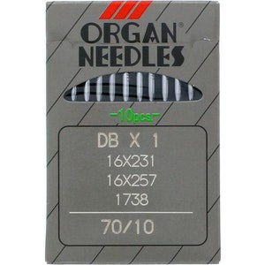 Peut inclure: Un paquet de 10 aiguilles Organ, taille 70/10, pour machines à coudre. Le paquet est gris avec du texte noir et comprend les numéros 16x231, 16x257 et 1738.