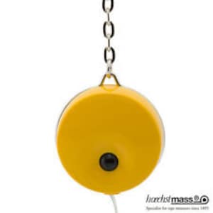 May include: A yellow retractable tape measure with a black button and a silver chain.