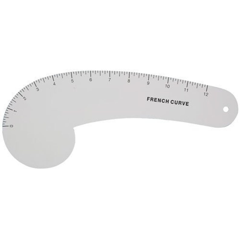 May include: A white plastic French curve ruler with black markings. The ruler is 12 inches long and has a curved shape. The text "French Curve" is printed on the ruler.