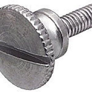 May include: A silver-toned, self-tapping screw with a slotted head and a serrated edge. The screw has a threaded shaft and a rounded, slightly domed head.