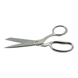 May include: A pair of silver scissors with a pointed blade and two handles. The handles are oval shaped and the top handle has a round opening.