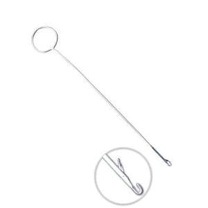 May include: A silver crochet hook with a loop at the top and a hook at the bottom. The hook is designed for crocheting yarn.