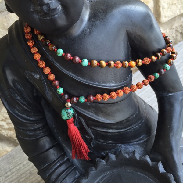 Hand-knotted Tiger Eye, Rudraksha & African Turquoise 108 Bead Mala | gemstone jasper yoga necklace | bohemian jewelry mantra meditation