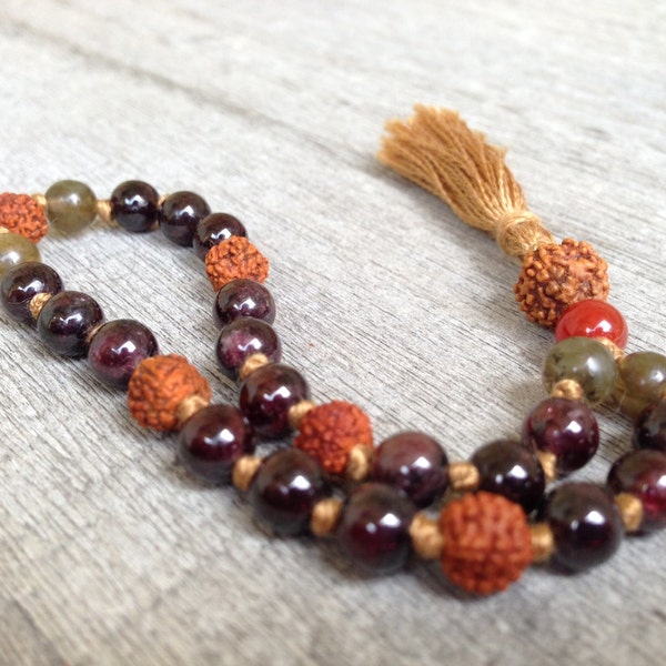 Hand-knotted Garnet, Labradorite & Rudraksha 27 Bead Pocket Quarter Mala | natural red gemstone carnelian | mantra meditation prayer beads