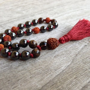 Hand-knotted Hematite, Bronzite & Rudraksha 27 Bead Pocket Quarter Mala | natural grey metallic gemstone | mantra meditation prayer beads