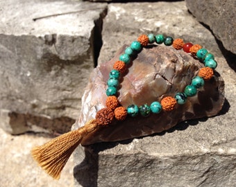 African Turquoise Jasper, Rudraksha & Carnelian Bracelet | 27-Bead Stacking Quarter Mala with Tassel | gemstone natural earthy bohemian