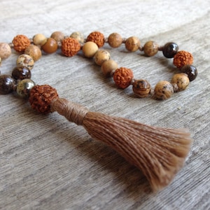 Hand-knotted Picture Jasper, Bronzite & Rudraksha 27 Bead Pocket Quarter Mala | natural brown gemstone | mantra meditation prayer beads