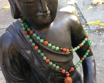 Hand-knotted Aventurine & Rudraksha 108 Bead Mala | smoky quartz carnelian gemstone | green August birthstone | yoga  japa mantra meditation