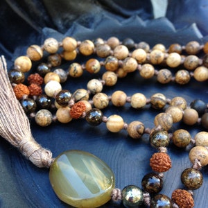 Hand-knotted Picture Jasper & Rudraksha 108 Bead Mala | bronzite agate natural gemstones | nurturing protective | yoga jewelry bohemian