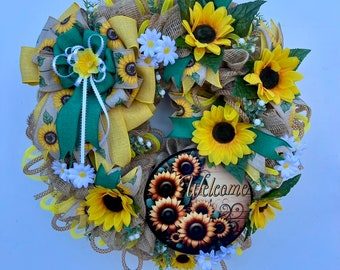 Beautiful bright yellow Sunflower and Daisy wreath. Sunflower Welcome metal sign. Its ready for your front door!