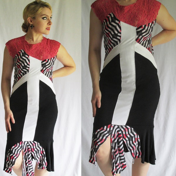 Handmade Black & Pink Geometric Dress | Size Small, S | Wearable Art Recycled Dress Eco Friendly Mermaid Hem Piecework Bodycon