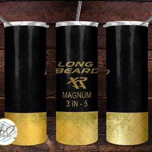May include: A black and gold tumbler with the text "Long Beard XR Magnum 3 in - 5" printed on it. The tumbler has a black and gold striped pattern and a gold bottom.