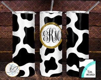 Seamless Cow Print - Gold - Teal Wine Stain to put Personalization | 20oz Skinny Tumbler Straight Sublimation PNG | DD49