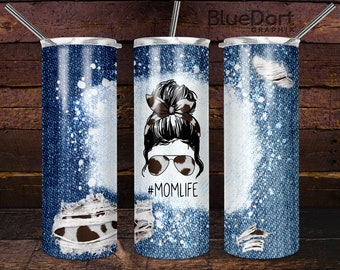 Denim Cow Print MomLife Bleached Effect | Sublimation PNG 20 Skinny Straight Tumbler Design File | DD21