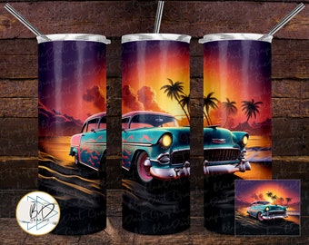 1955 Pink Teal Chevy - Tropical | 20oz Skinny Tumbler PNG Sublimation File | DD239