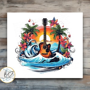 Może przedstawiać: Kolorowa ilustracja gitary z palmami i falami oceanu. Gitara jest brązowa i ma za sobą zachód słońca. Palmy są zielone i mają różowe kwiaty. Fale oceanu są niebieskie i białe.