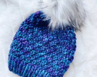 Faux Fur Pom Pom, 100% Wool Hand Knit Chunky Hat, Chunky Knit Beanie, Knit Pom Pom Hat / / THE LINDEN, Ready to Ship, OOAK