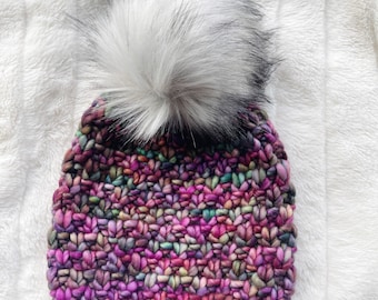 Faux Fur Pom Pom, 100% Wool Hand Knit Chunky Hat, Chunky Knit Beanie, Knit Pom Pom Hat / / THE LINDEN, Ready to Ship, OOAK