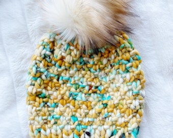 Faux Fur Pom Pom, 100% Wool Hand Knit Chunky Hat, Chunky Knit Beanie, Knit Pom Pom Hat / / THE LINDEN, Ready to Ship, OOAK