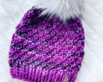 Faux Fur Pom Pom, 100% Wool Hand Knit Chunky Hat, Chunky Knit Beanie, Knit Pom Pom Hat / / THE LINDEN, Ready to Ship, OOAK