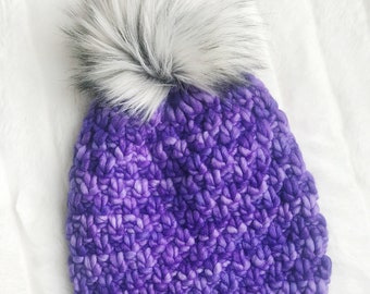 Faux Fur Pom Pom, 100% Wool Hand Knit Chunky Hat, Chunky Knit Beanie, Knit Pom Pom Hat / / THE LINDEN, Ready to Ship, OOAK