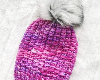 Faux Fur Pom Pom, 100% Wool Hand Knit Chunky Hat, Chunky Knit Beanie, Knit Pom Pom Hat / / THE ARLO, Ready to Ship, OOAK