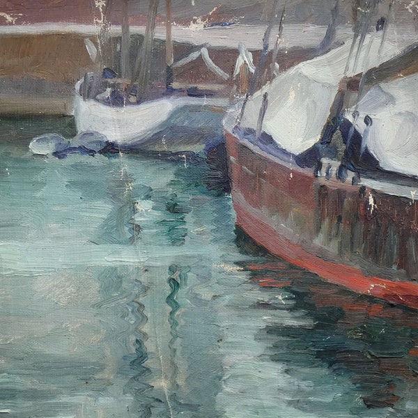 antique French original oil painting impressionist unstretched painting boats harbor