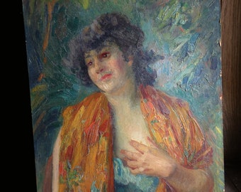 impressionist antique portrait of a woman. french post impressionist oil painting on board.