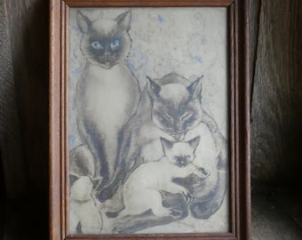 antique charcoal drawing of a siamese cat family