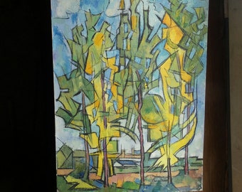 vintage French contemporary art abstract trees portrait painting