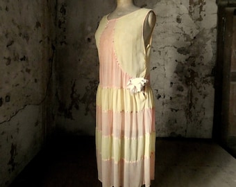 1920s Art Deco vintage  Silk Chiffon rhinestones  beaded  Flapper Dress yellow and soft pink