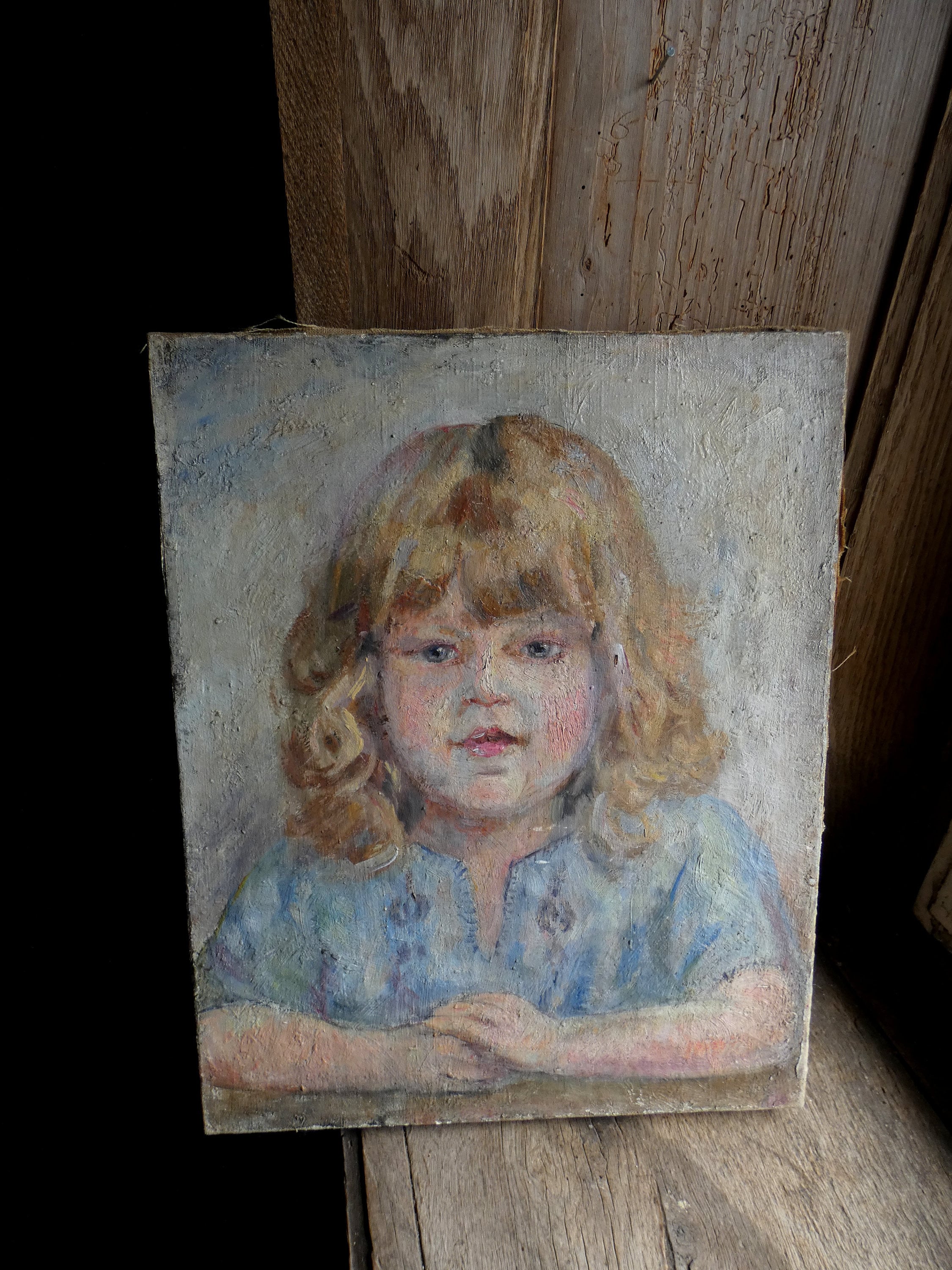 Antique French Impressionist Oil Painting: Child Portrait (16x13 inches)