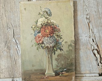 antique French flower bouquet  paining oil on board