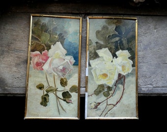 pair of antique French original oil on wood flower roses paintings