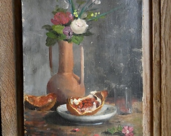 antique original  oil on canvas flower bouquet still life painting