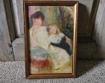 small antique French impressionist mother and child painting oil on paper  Lois Piot 1867-1947