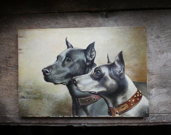 antique French original oil on canvas dog portrait painting dobermann