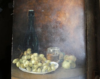 Oil On Canvas Still Life unstretched painting antique  vintage