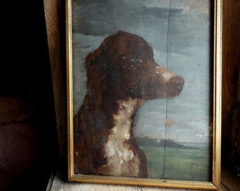 Early Antique French Original Dog Painting Oil On Wood